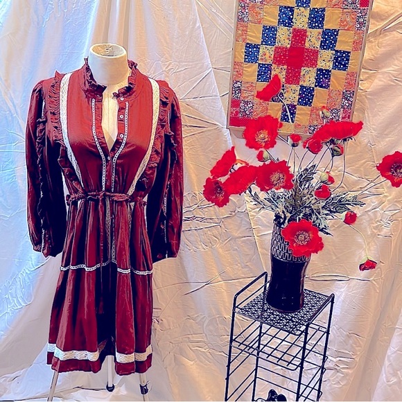 Bohme | Brown Pheasant Lace Lined Ruffled MIDI Dress Bib Style Front Hippie Wear - Picture 2 of 5